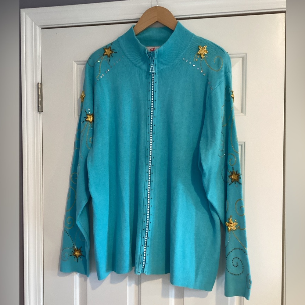 Vintage Quacker Factory Beaded Sequined Rhinestone Zip-Up Cardigan XL